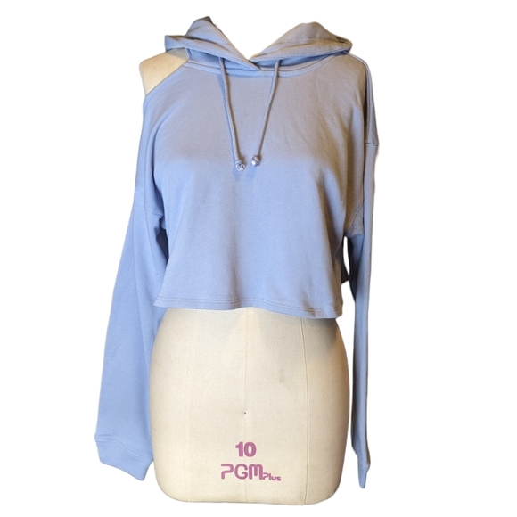 Peyton Valley Cropped Sweatshirt Hoodie W Cutout Shoulder, Blue, Women's Small - Picture 2 of 7